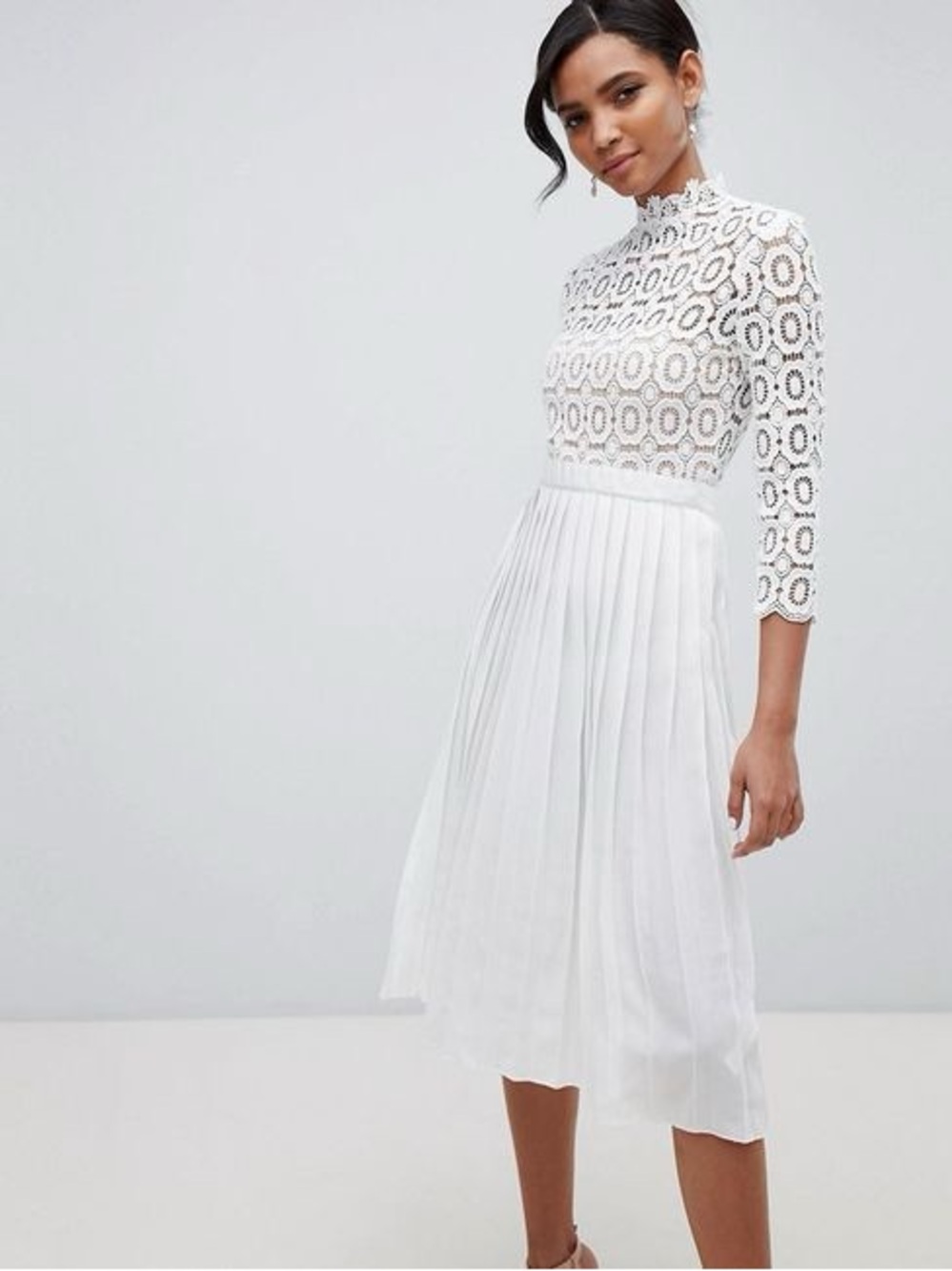 Little Mistress White Lace High-Neck Pleated Midi Dress